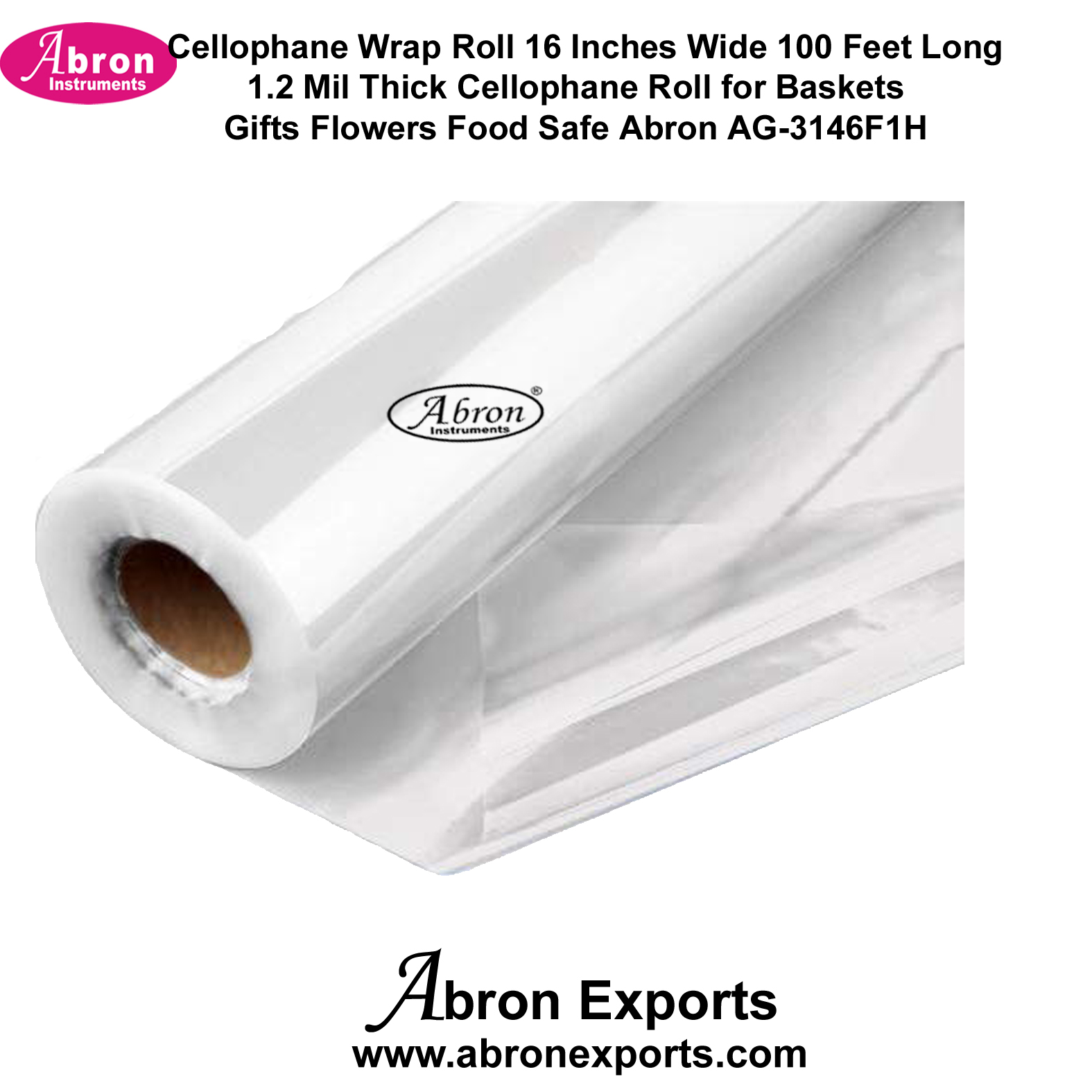 Cellophane Wrap Roll 16 Inches Wide 100 Feet Long 1.2 Mil Thick Cellophane Roll for Baskets Gifts Flowers Food Safe Abron AG-3146F1H 
